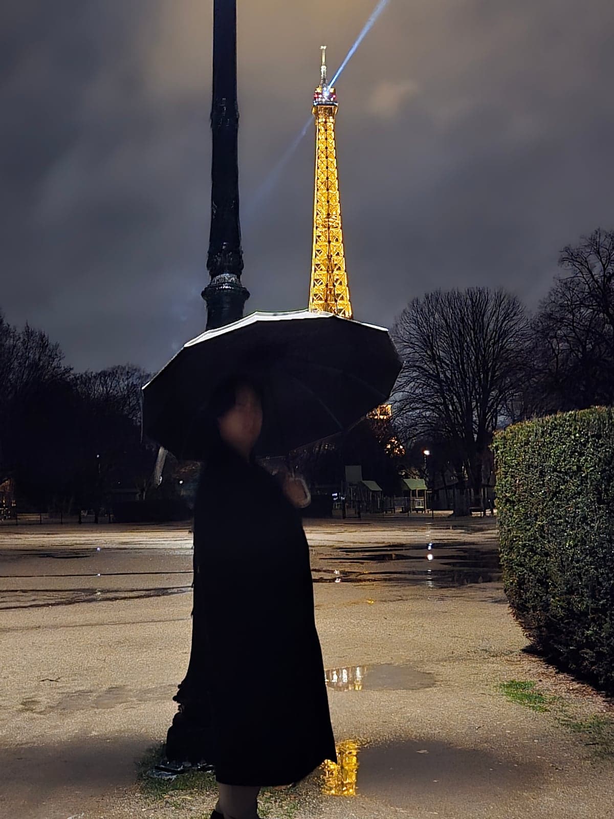 A person with an umbrella on a wet path beneath the illuminated Eiffel Tower.