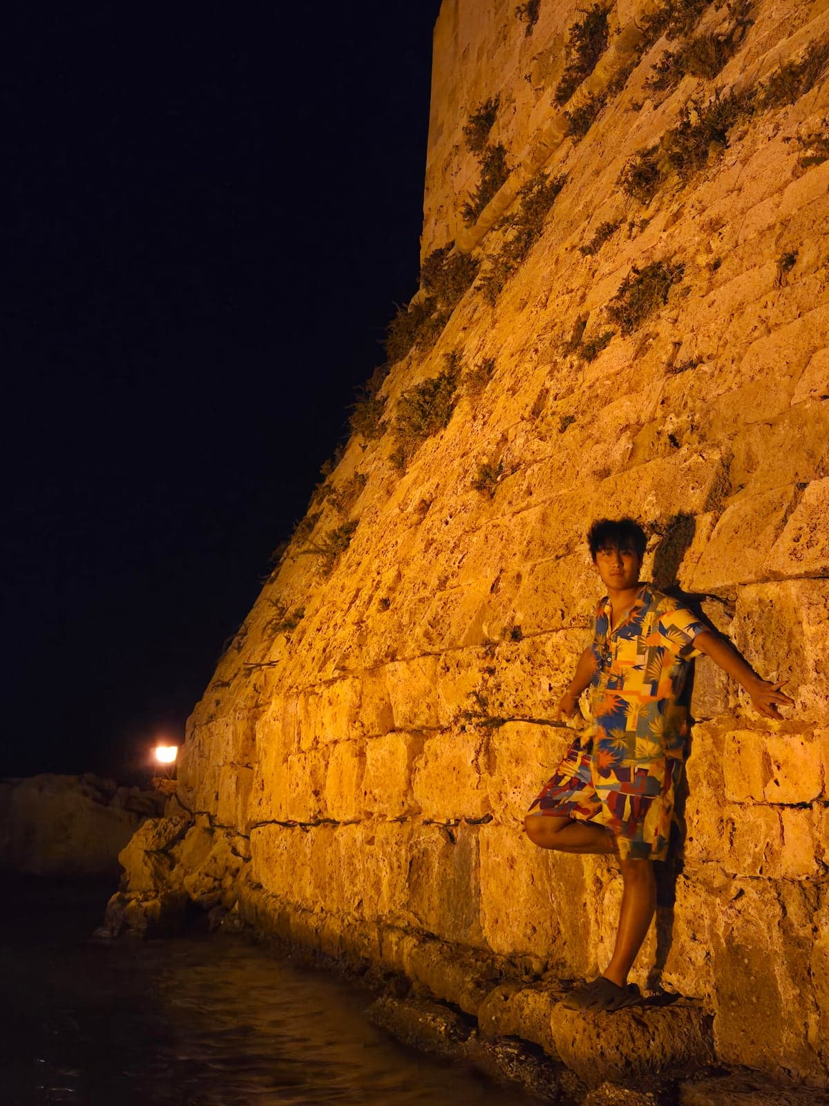A portrait beside a tall stone wall lit in amber at night.